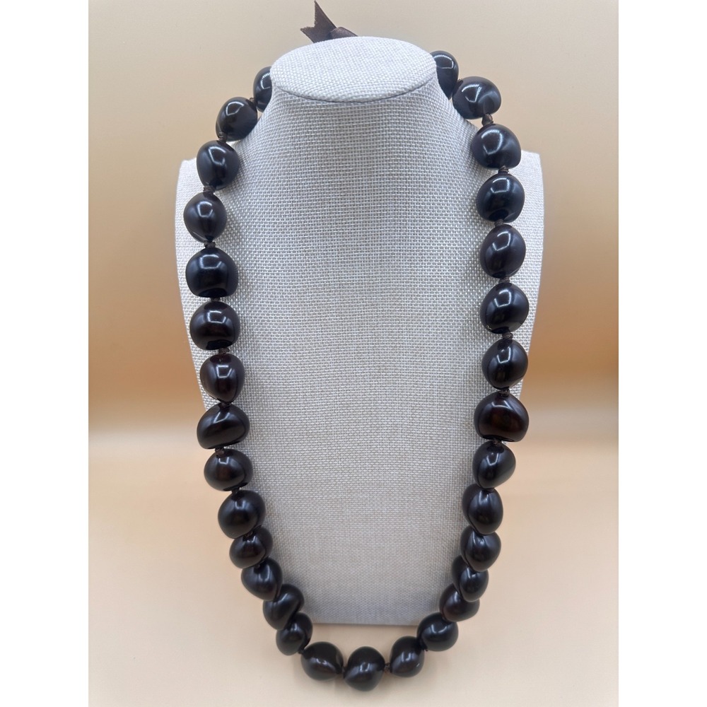 Chunky Dark Brown Beaded Necklace Ribbon Tie Statement Boho Vintage Jewelry Gift